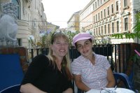 Amara and I eating lunch under the yellow canopies of Hundertwasser Haus.
