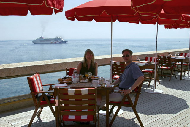 Jeremy and I enjoying our first breakfast at the hotel's restaurant.