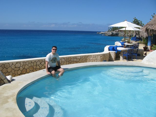 Peter testing the saltwater pool.
