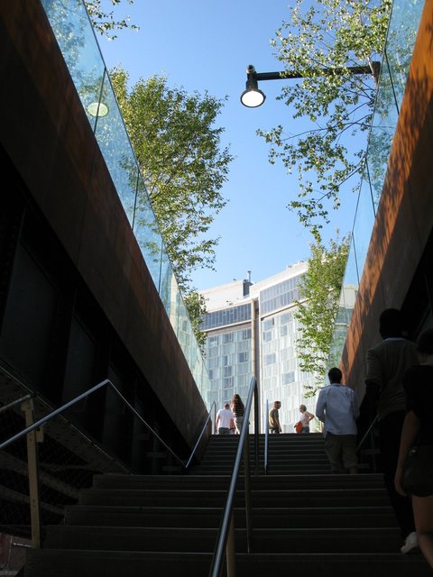You have to take stairs up to the park, which was created on abandoned railroad tracks.  It's all very NY and trendy, I suppose.