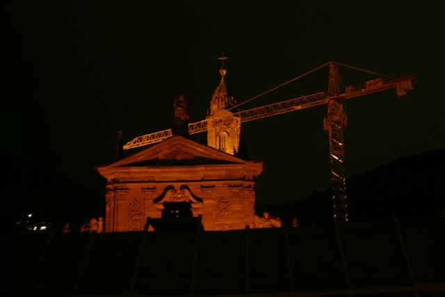 Thisis the view out the other side of my bedroom.  It is the Jesuit Church of Heidelberg.  Currently undergoing some reconstruction... but even the crane looks nice in this light.
